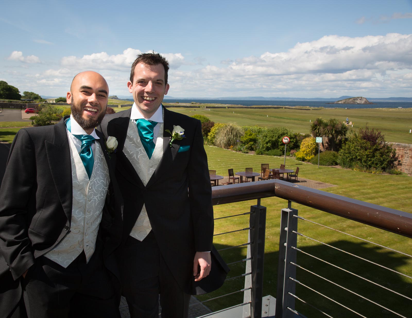 Groom and Best man in front of the Bass Rock