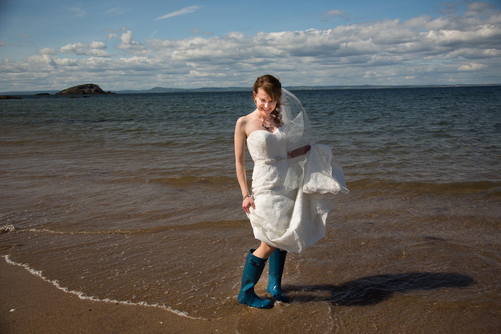 Bride Paddling in Wellies Marine Hotel North Berwick
