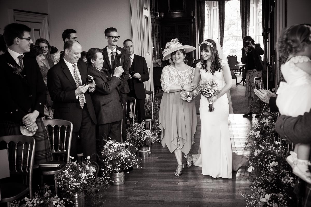 Bride and Mum Going up the Aisle at Oxenfoord Castle