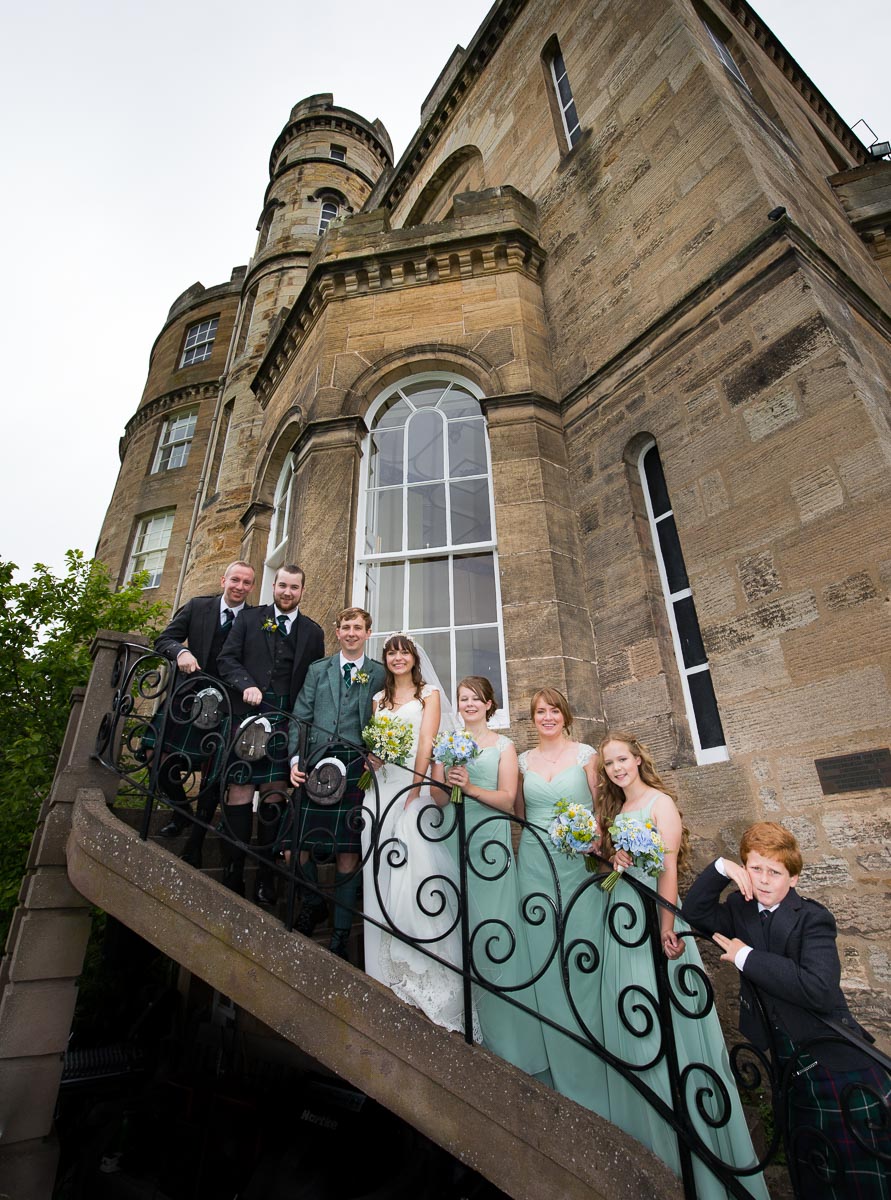 Staircase Wedding Group Photo at Oxenfoord Castle