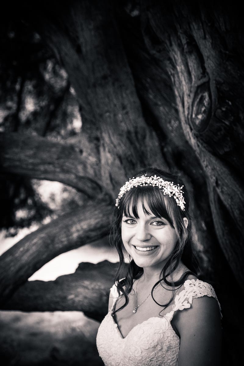 Black and white Bride with trees